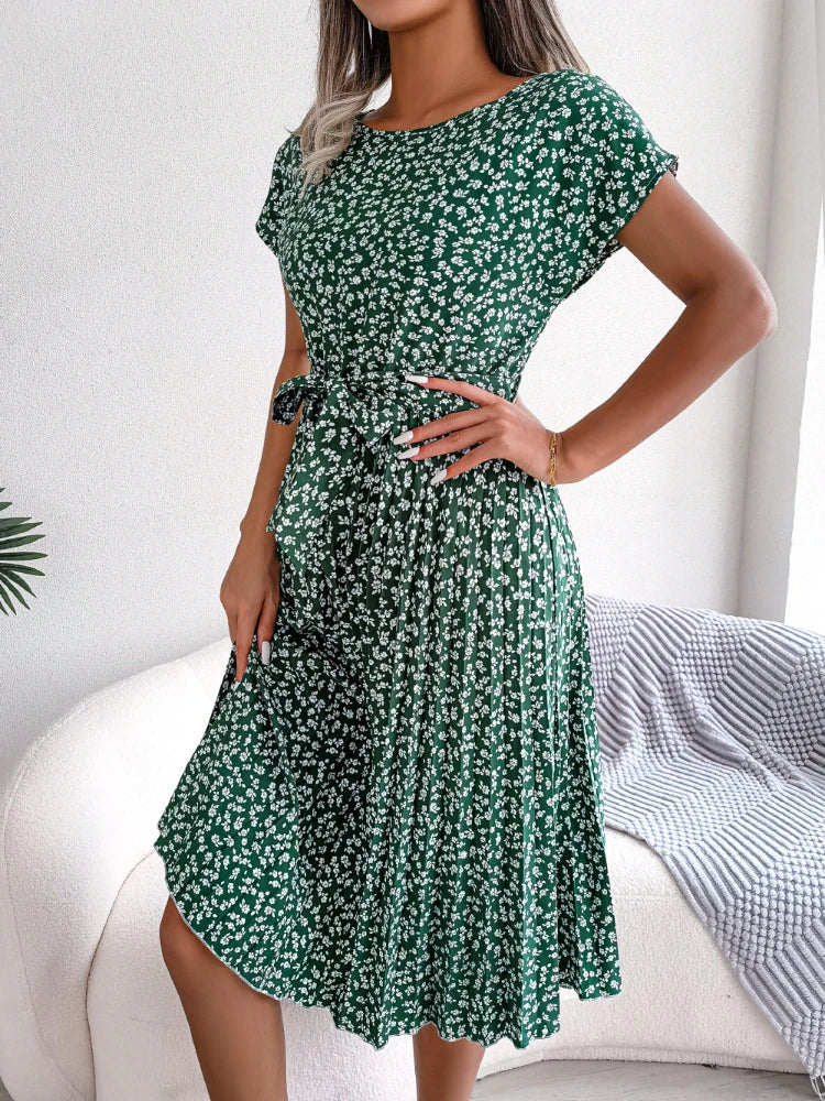 Berlipat Gaun floral para mulheres, Midi Perban, Ruched Lengan Pendek, Leher-o, Kasual Musim Panas, Boho Chic, uma linha
