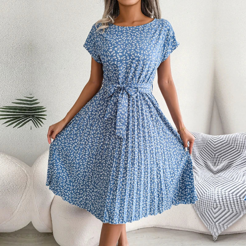 Berlipat Gaun floral para mulheres, Midi Perban, Ruched Lengan Pendek, Leher-o, Kasual Musim Panas, Boho Chic, uma linha