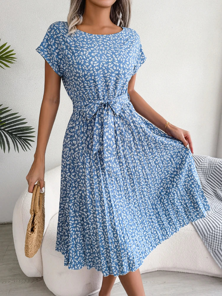 Berlipat Gaun floral para mulheres, Midi Perban, Ruched Lengan Pendek, Leher-o, Kasual Musim Panas, Boho Chic, uma linha