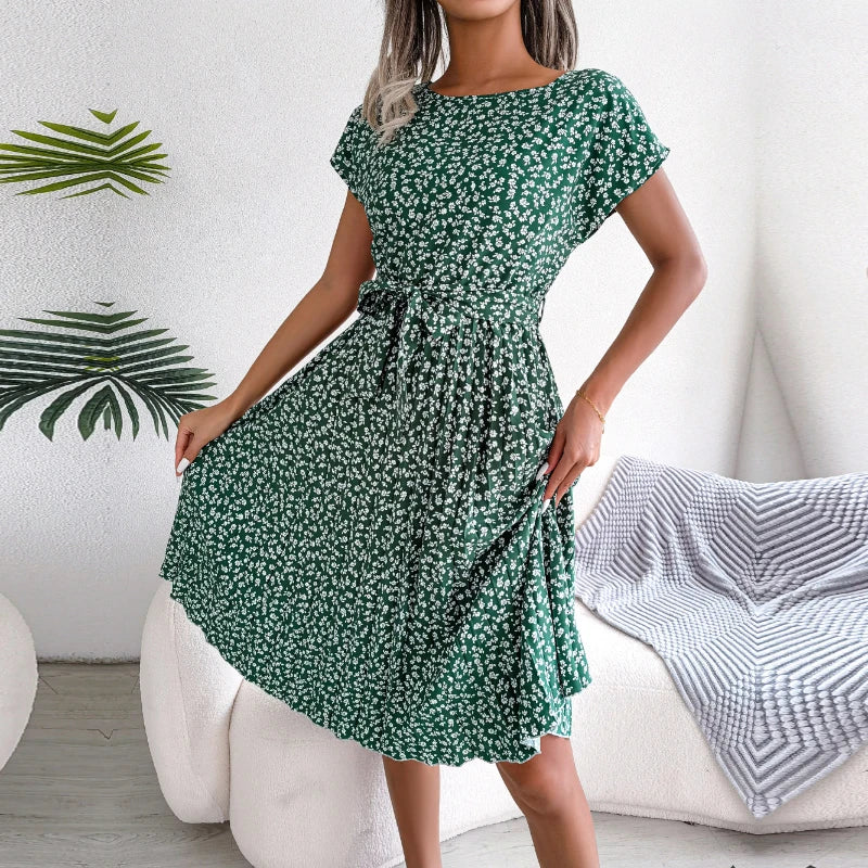 Berlipat Gaun floral para mulheres, Midi Perban, Ruched Lengan Pendek, Leher-o, Kasual Musim Panas, Boho Chic, uma linha