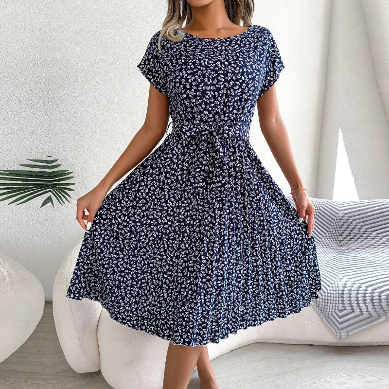 Berlipat Gaun floral para mulheres, Midi Perban, Ruched Lengan Pendek, Leher-o, Kasual Musim Panas, Boho Chic, uma linha
