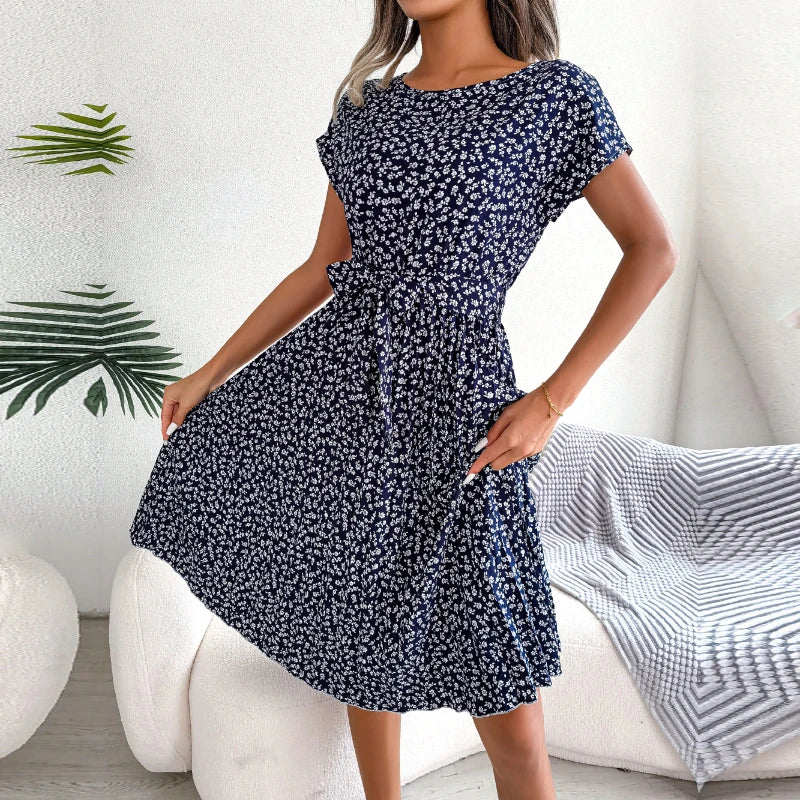 Berlipat Gaun floral para mulheres, Midi Perban, Ruched Lengan Pendek, Leher-o, Kasual Musim Panas, Boho Chic, uma linha