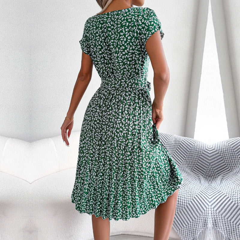 Berlipat Gaun floral para mulheres, Midi Perban, Ruched Lengan Pendek, Leher-o, Kasual Musim Panas, Boho Chic, uma linha
