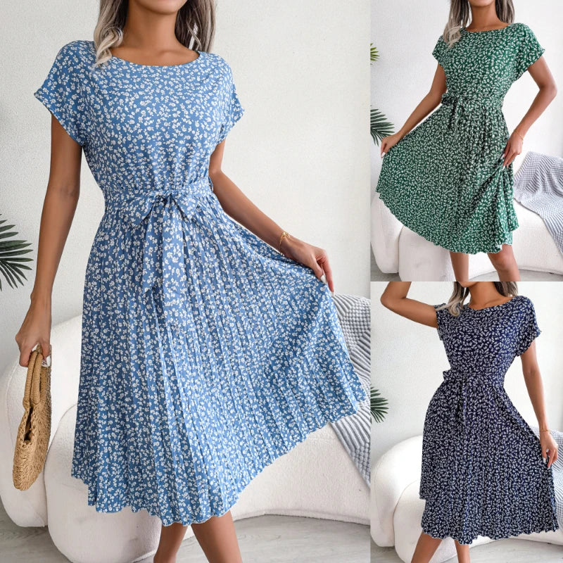 Berlipat Gaun floral para mulheres, Midi Perban, Ruched Lengan Pendek, Leher-o, Kasual Musim Panas, Boho Chic, uma linha