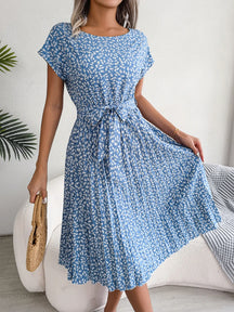 Berlipat Gaun floral para mulheres, Midi Perban, Ruched Lengan Pendek, Leher-o, Kasual Musim Panas, Boho Chic, uma linha