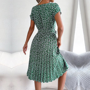 Berlipat Gaun floral para mulheres, Midi Perban, Ruched Lengan Pendek, Leher-o, Kasual Musim Panas, Boho Chic, uma linha